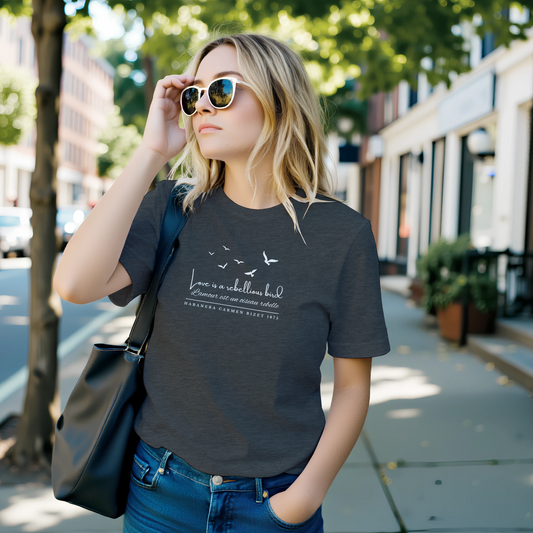 Model wears Carmen Habanera opera t-shirt -grey