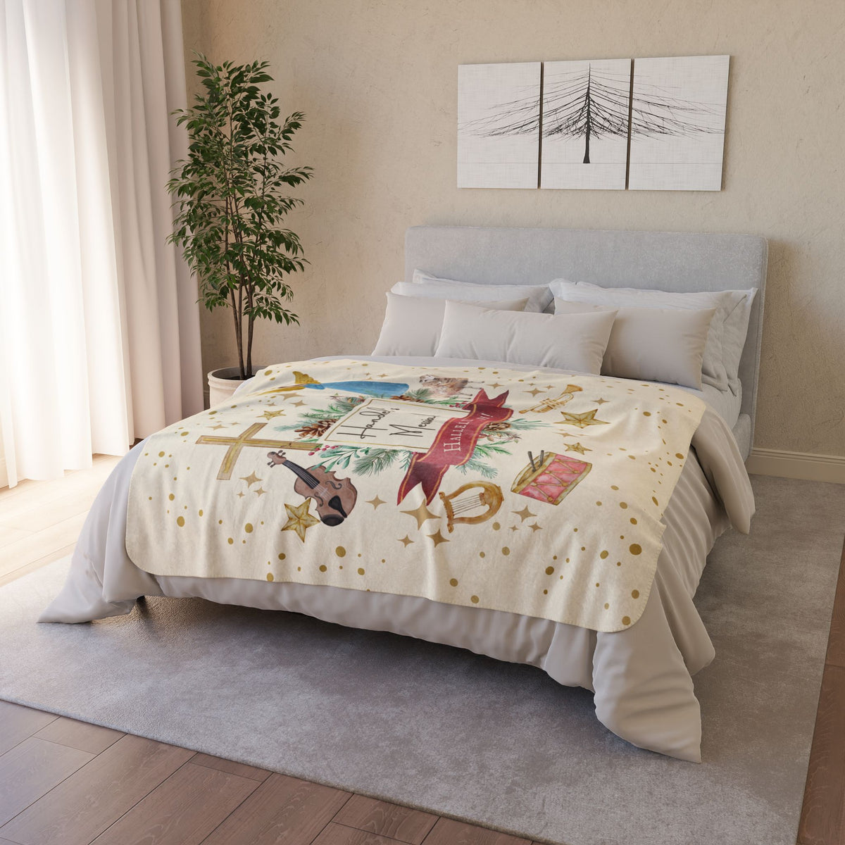 Handel's Messiah fleece blanket on bed- Small