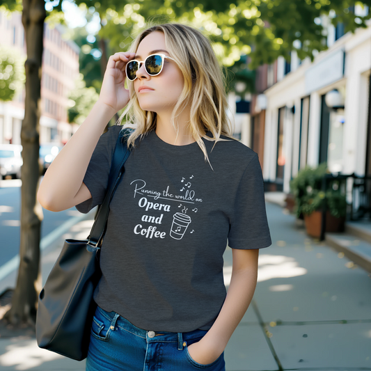 Woman wears Running the world on opera and coffee t-shirt - grey