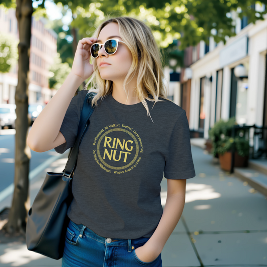 Woman wears Wagner Ring Cycle Ring Nut t-shirt -grey