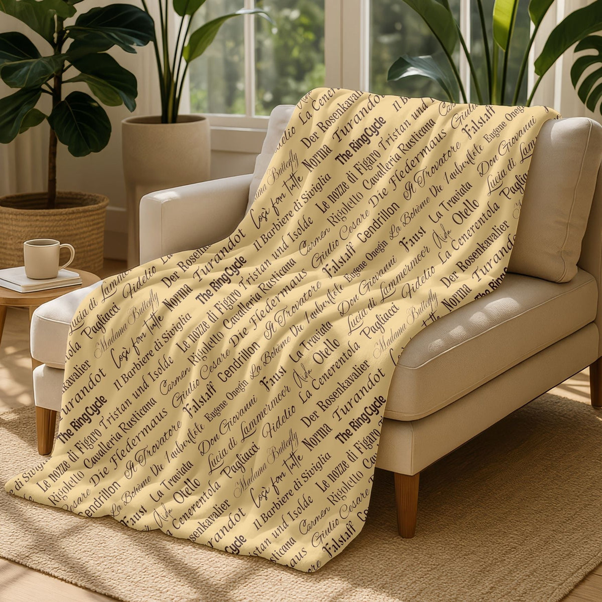 Opera Titles text pattern on a parchment colored background draped on a chair. 