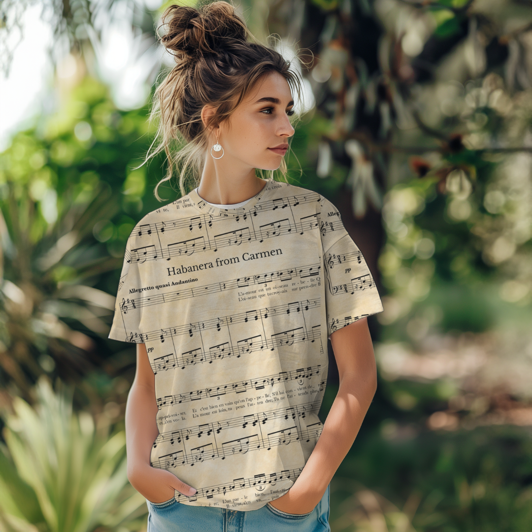 Woman wearing T-shirt with habanera sheet music