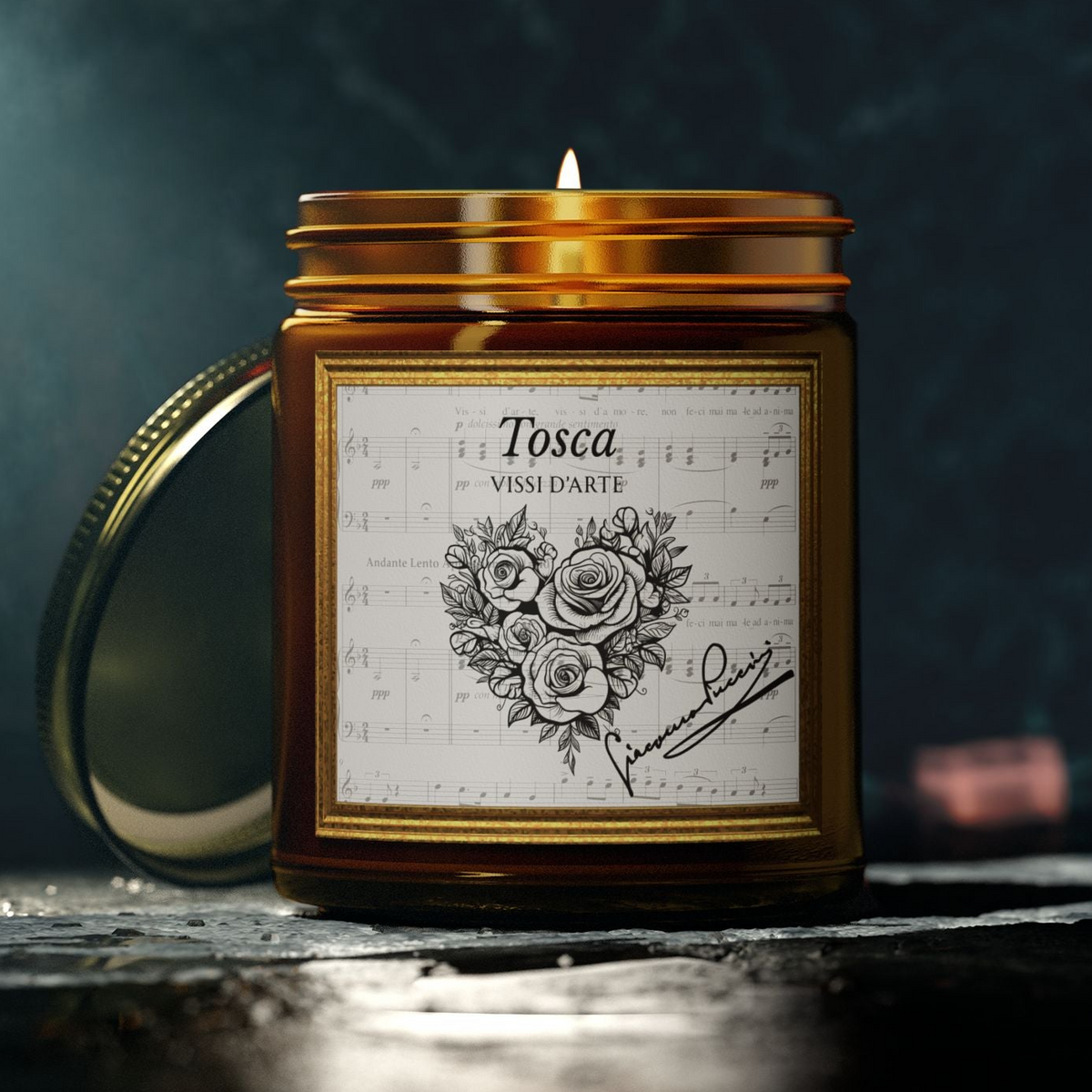 dramatic amber jar candle with Tosca music design