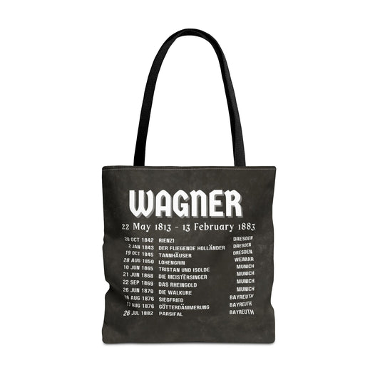 Black Wagner Composer Tote bag with opera premier dates design.