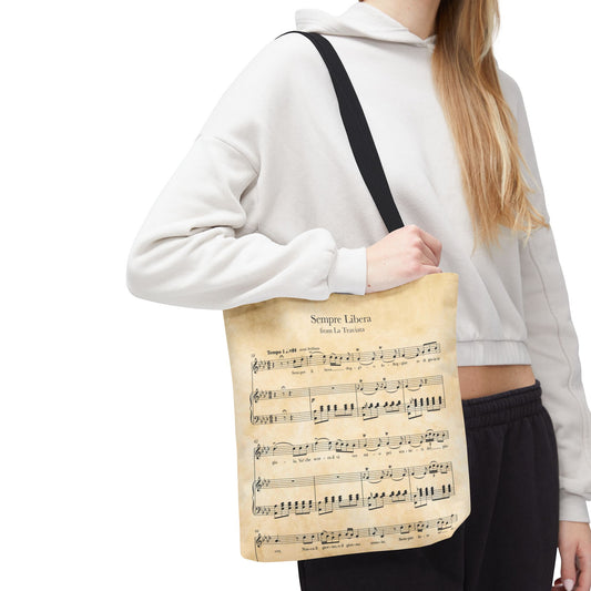 Model holds tote bag with the La Traviata Sempre Libera sheet music- Size small
