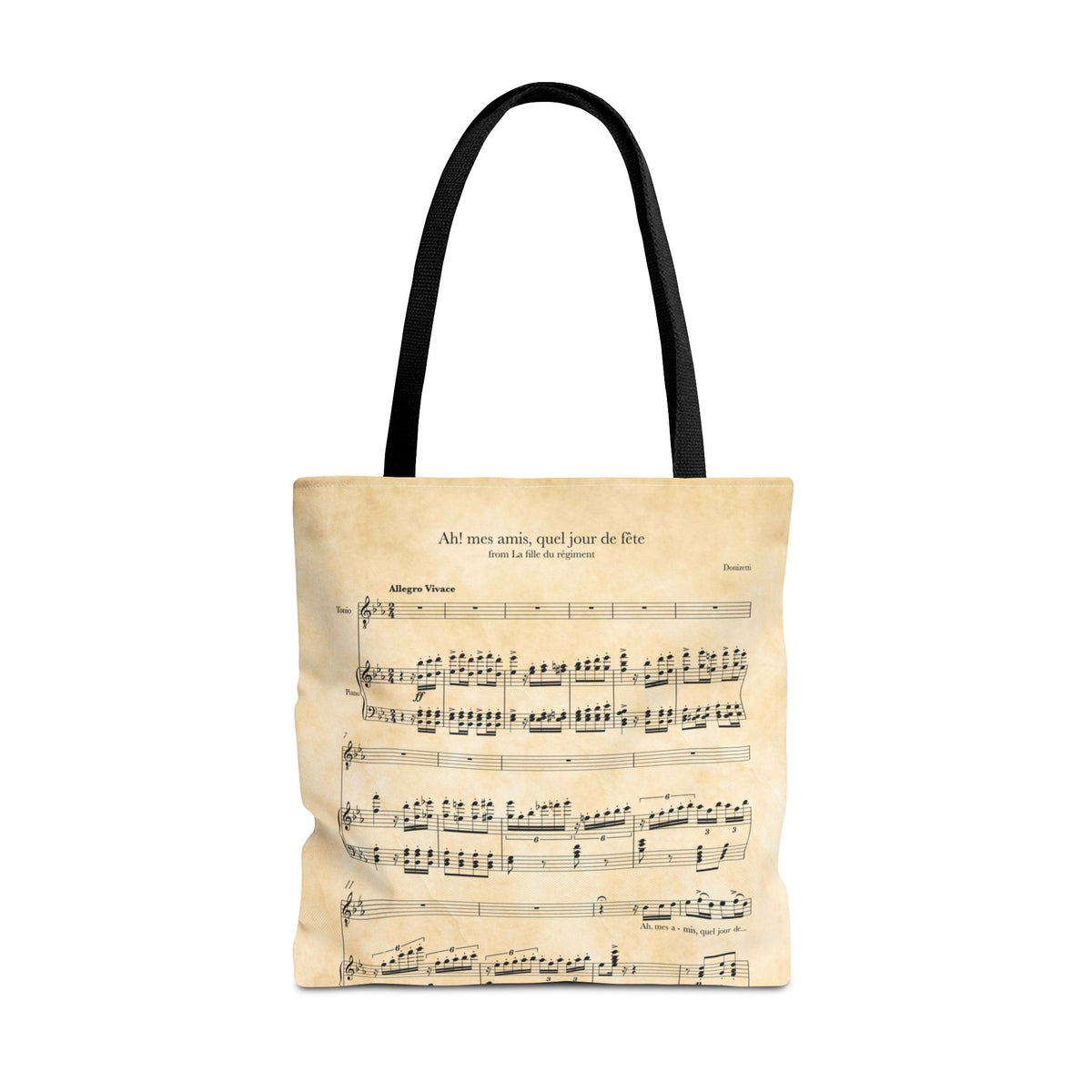 Tote bag with sheet music of Ah! mes amis from La Fille du Regiment by Donizetti.