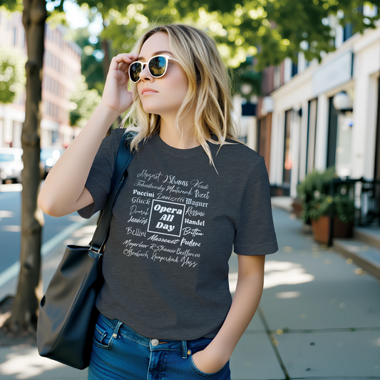 Woman wears Opera Composers  t-shirt - grey
