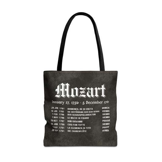 Black Mozart Composer Tote bag with opera premier dates design.