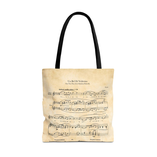 Tote bag with Madama Butterfly, Un bel di parchment sheet music design on a white background