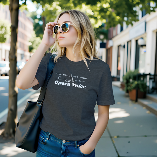 Woman wears Use your Opera Voice t-shirt - grey