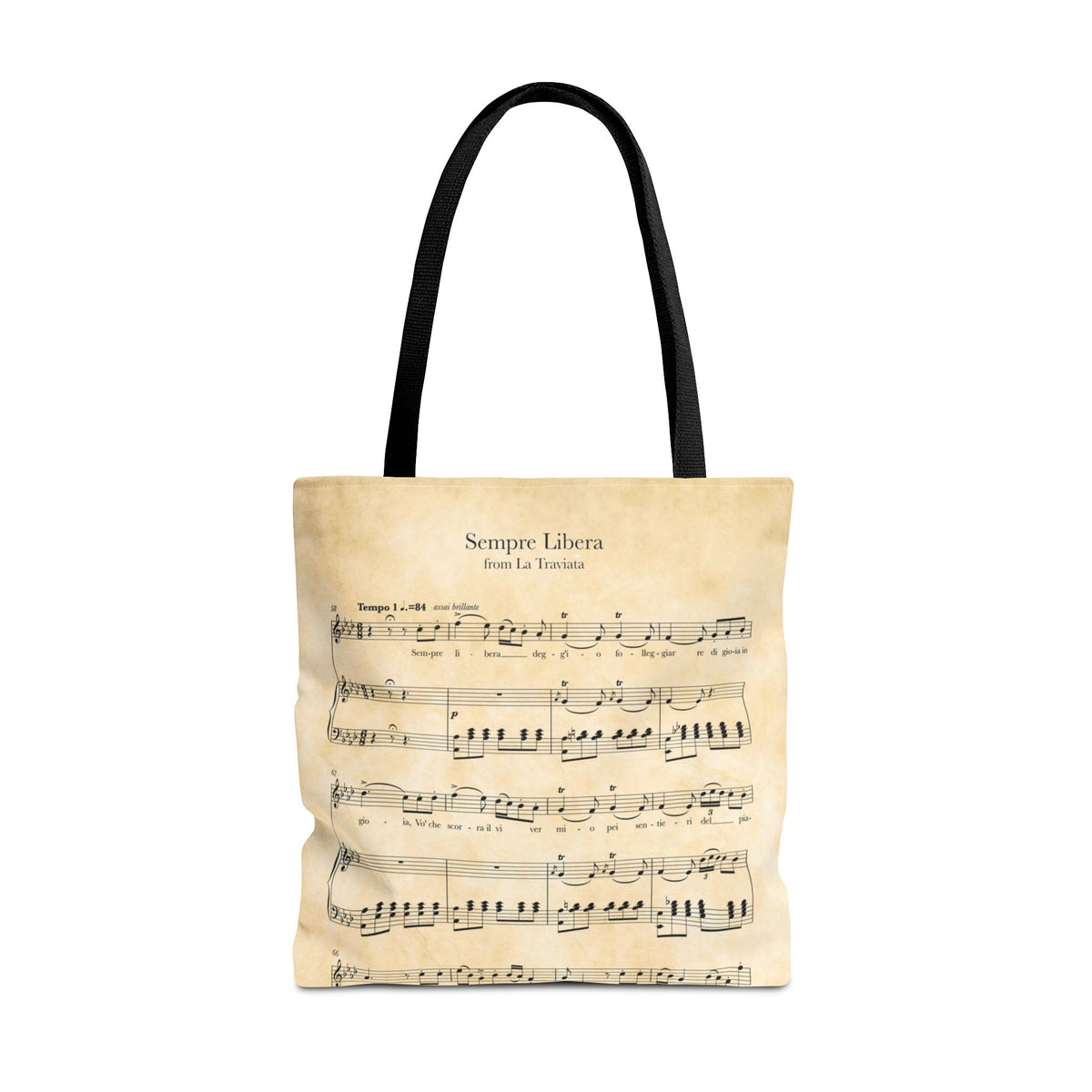 Tote bag with La Traviata Sempre Libera sheet music design on a white background