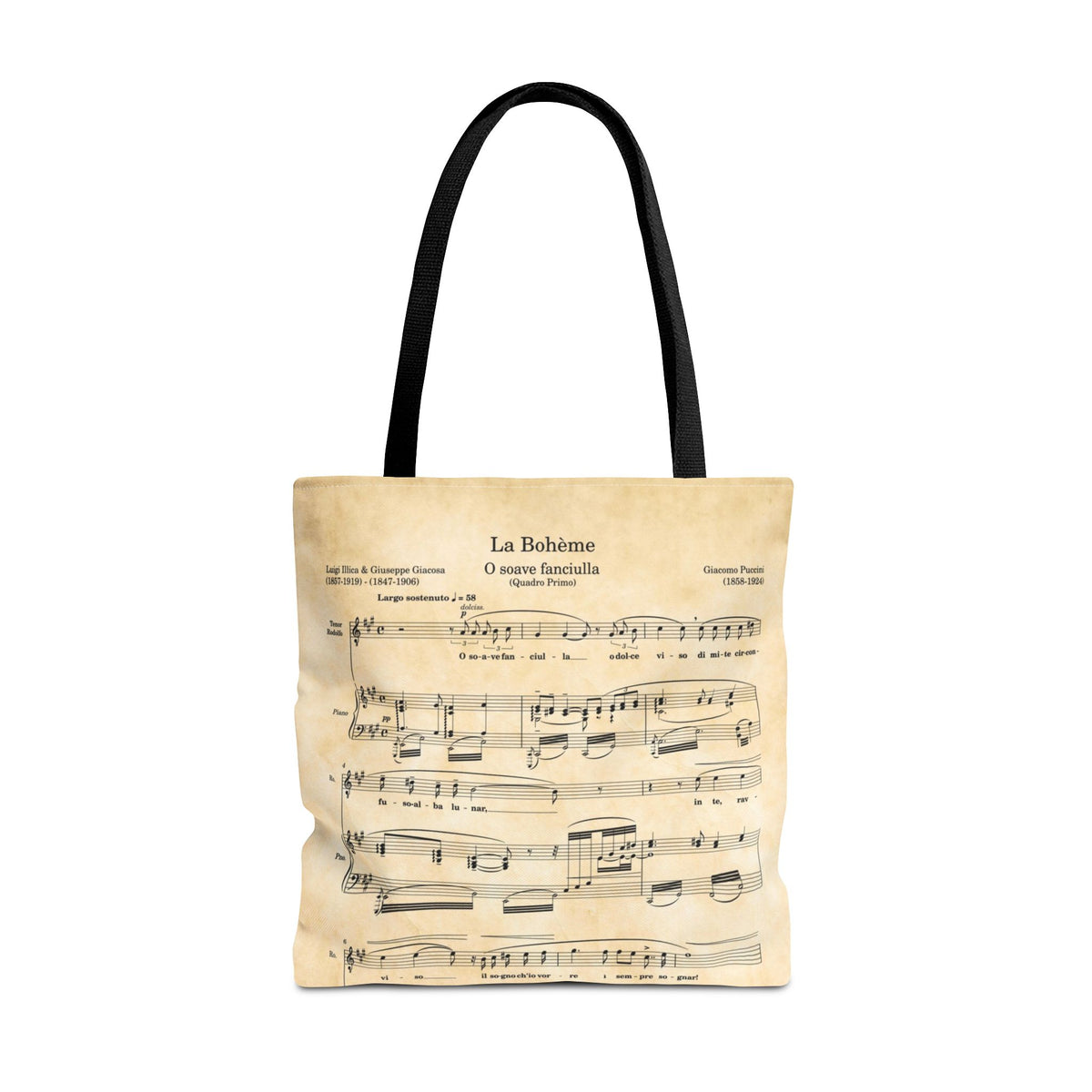 Tote bag with La Boheme sheet music design on a white background