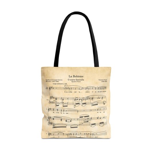 Tote bag with La Boheme sheet music design on a white background