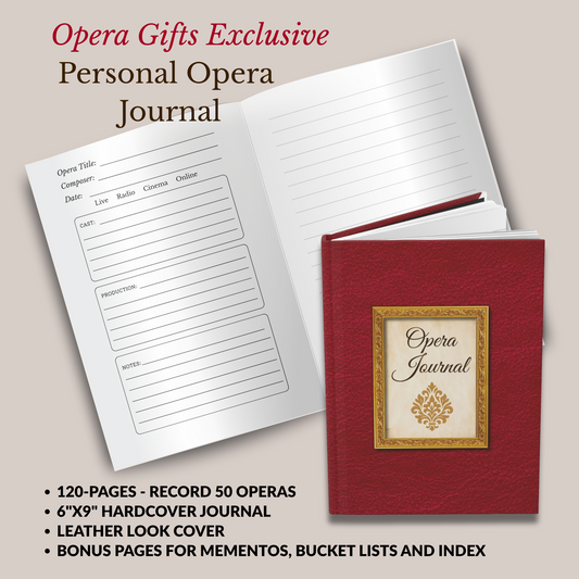 info graphic of Personal Opera Journal showing the inside areas to record opera memories and the front cover