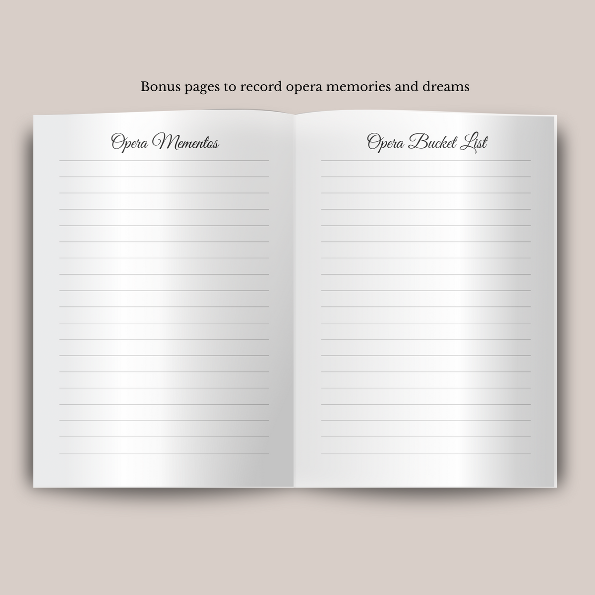 Interior of the Opera Journal Showing the Opera Mementos and Opera Bucket list pages. Ideal for opera lovers.