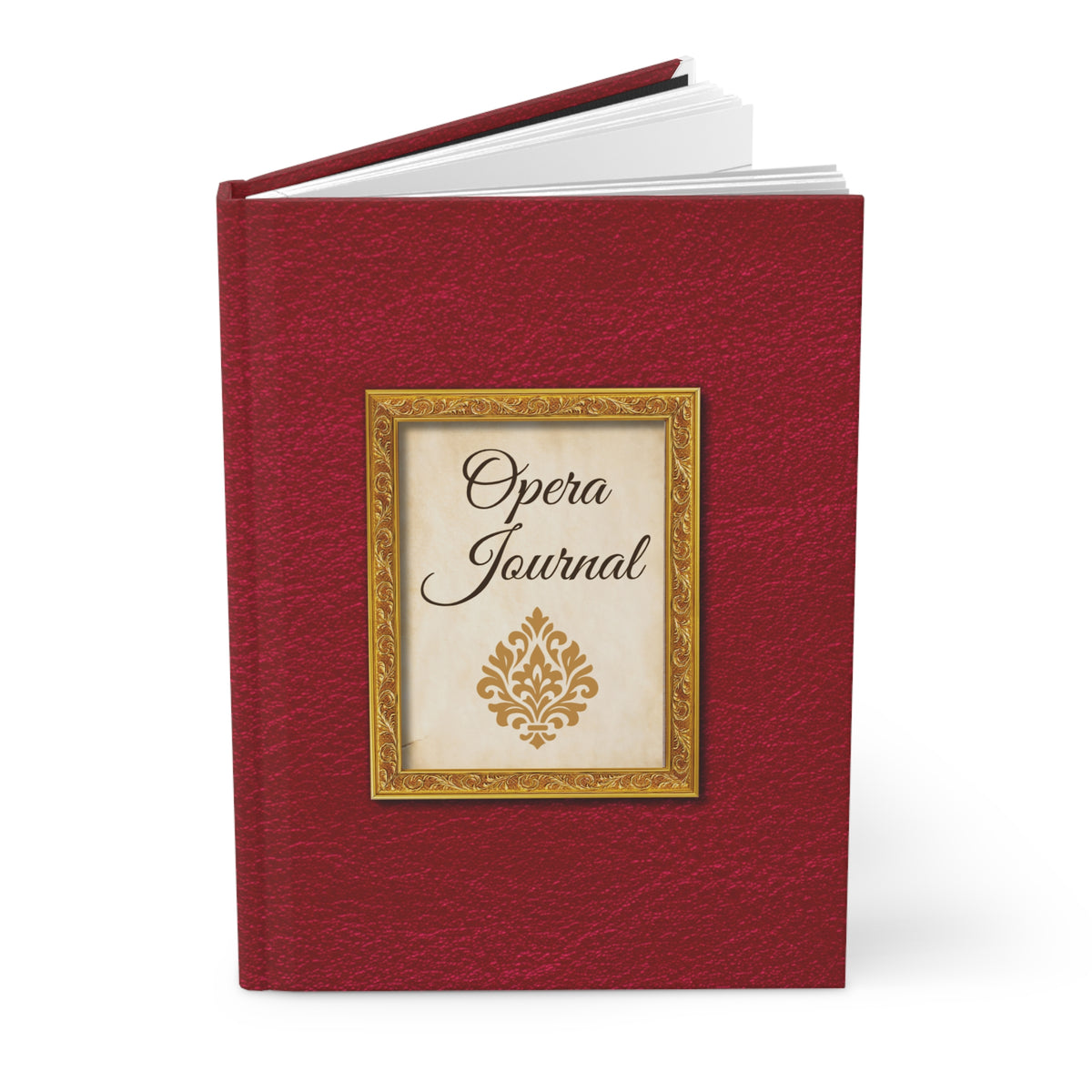 Exterior of the Opera Journal with a read leather look cover. Ideal gift for an opera lover
