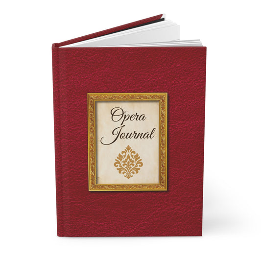 Exterior of the Opera Journal with a read leather look cover. Ideal gift for an opera lover