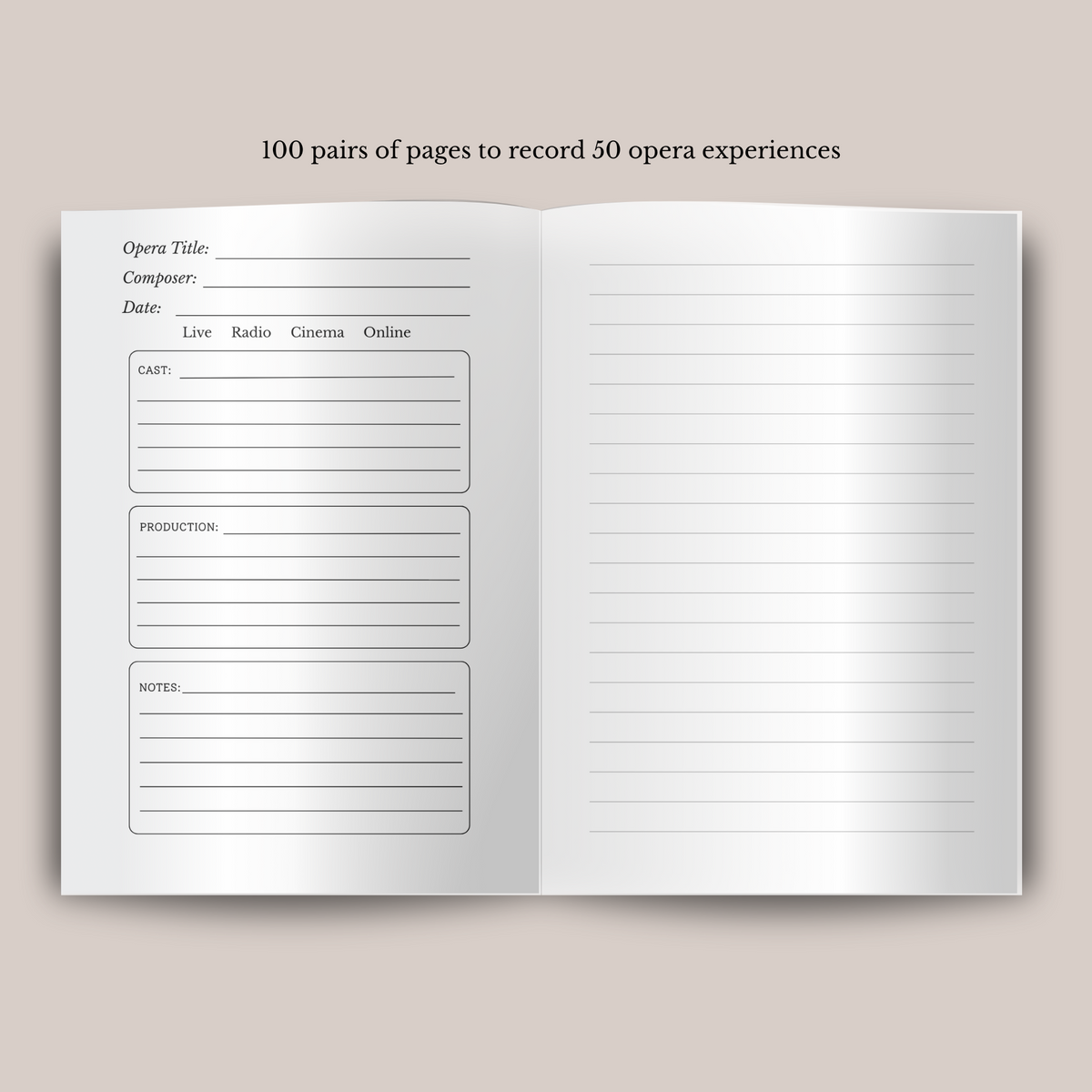 Interior of the Opera Journal Showing the opera recording and memory pages. Ideal for opera lovers.